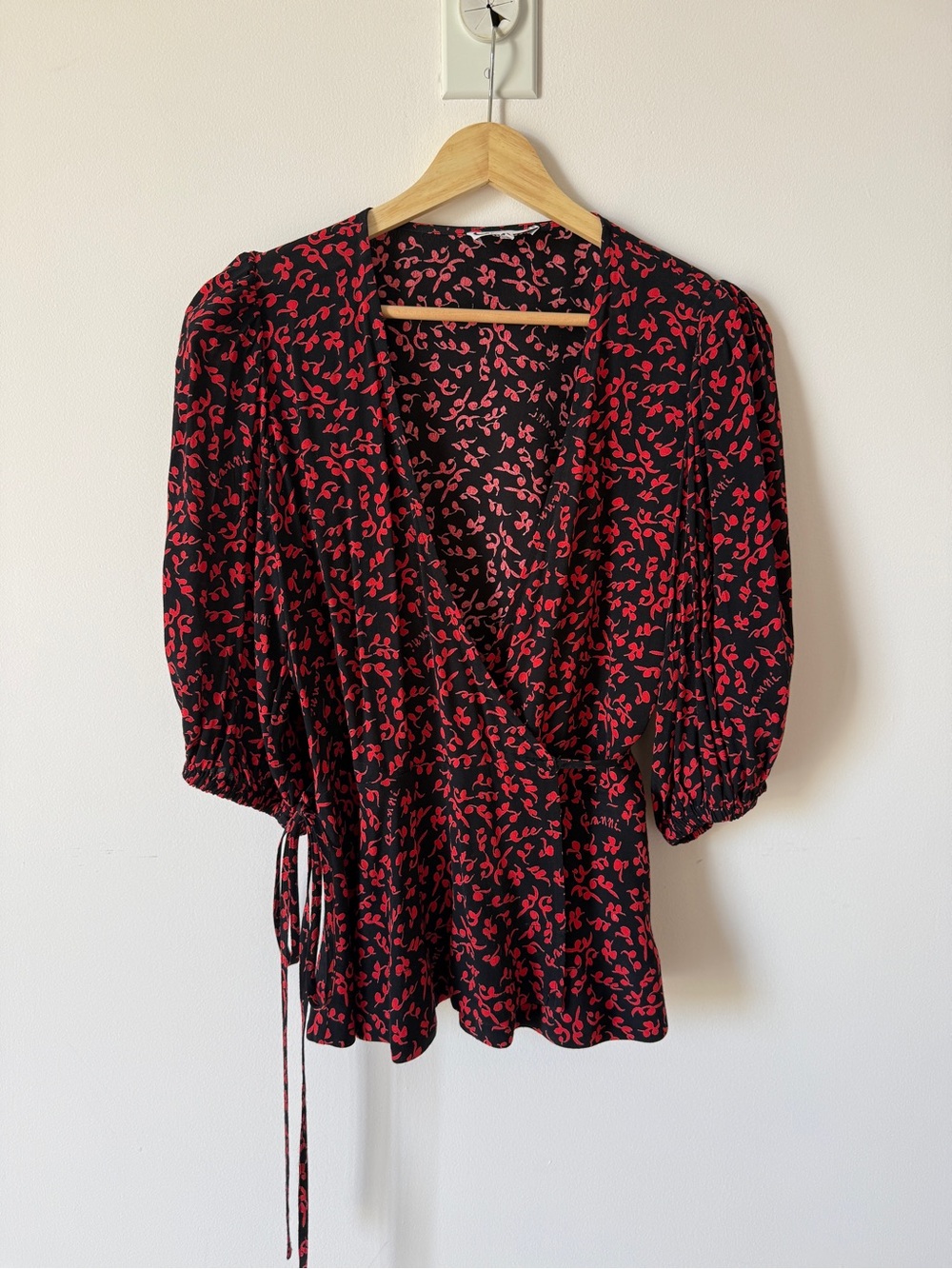 Ganni Black and Red Floral Wrap Blouse - Women Tops